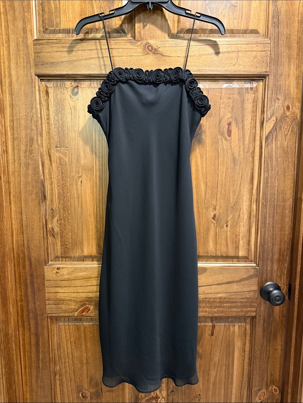 Women's Black Rose-Trim Midi Slip Dress